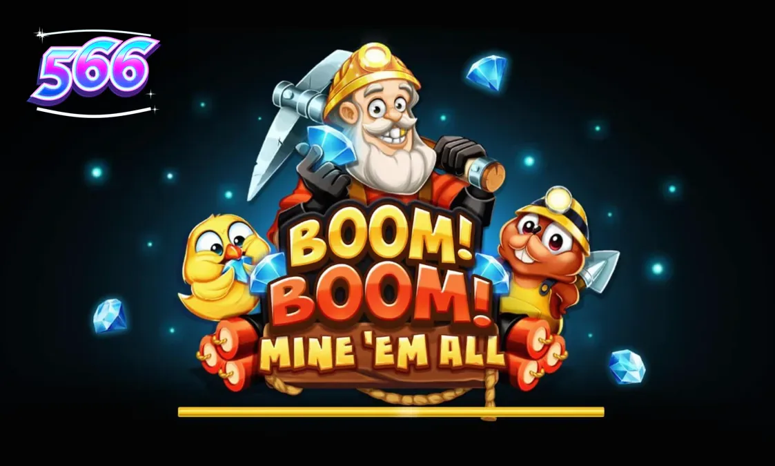Giao diện trò chơi slot Boom! Boom! Mine ‘Em All với bối cảnh hầm mỏ