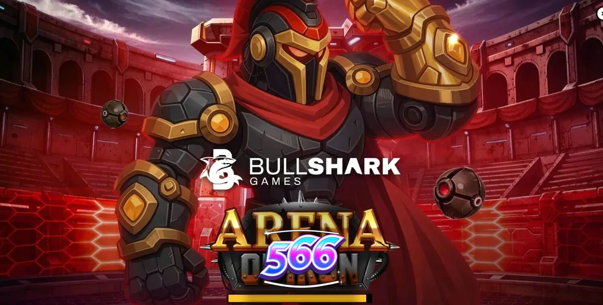 Giao diện trò chơi slot Arena of Iron với các chiến binh robot và đấu trường tương lai